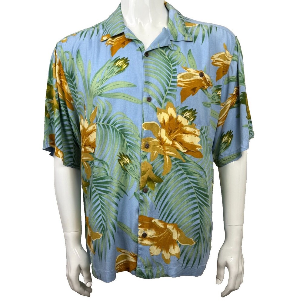 Vintage Hawaiian Shirt XL Relax Wear PCI Aloha‎ Wear Tropical Floral Blue Rayon